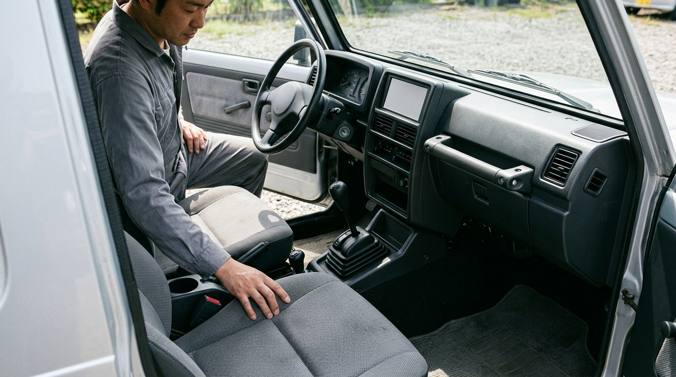 中古ジムニーのドアを開けてシートやインパネの損耗状態を確認するシーン